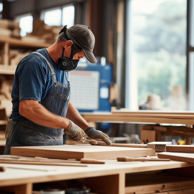 The image depicts a modern woodworking workshop filled with natural light streaming through large windows